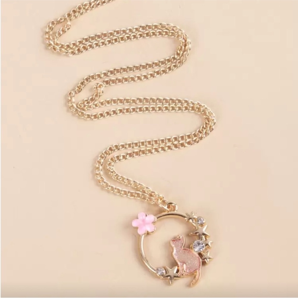 ⚠️Clearance Cat Pendant Necklace with Pink Enamel Flower - Women Jewelry
